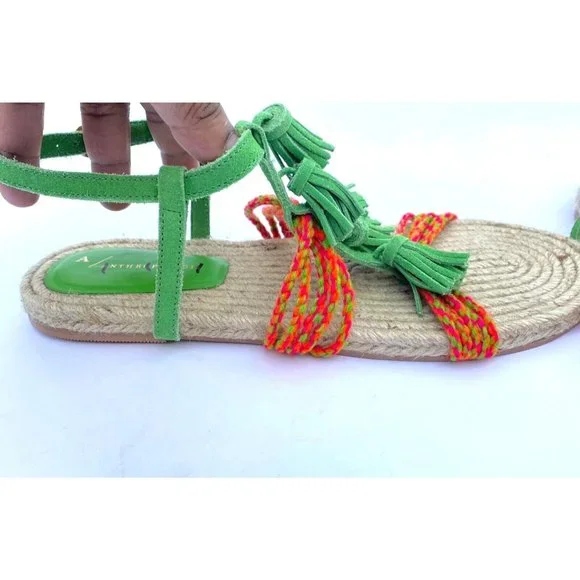 Anthropologie Fringed Rope Sandals Green Suede Boho Tassel Size 10M NWOB - Picture 5 of 14